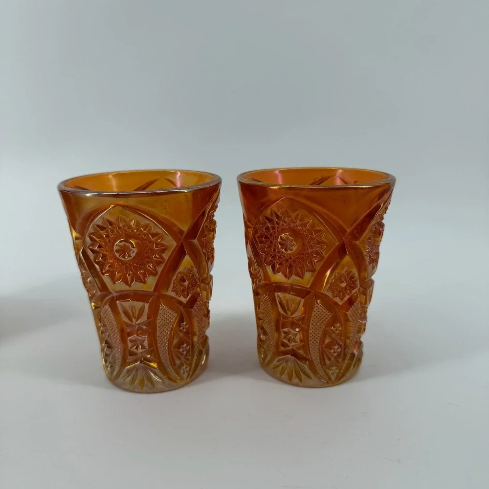 L.E. Smith Marigold Carnival Glass Daisy Button Juice Tumblers Set of‎ 4 4in